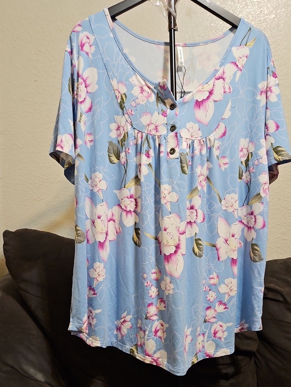 Light Blue Floral Short Sleeve Henley Tee